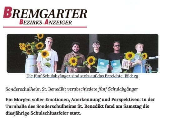 Stationäre Sonderschule, St. Benedikt Hermetschwil -  - 01.07.2025
Bremgarter Bezirks Anzeiger
Schulschlussfeier im St. Benedikt